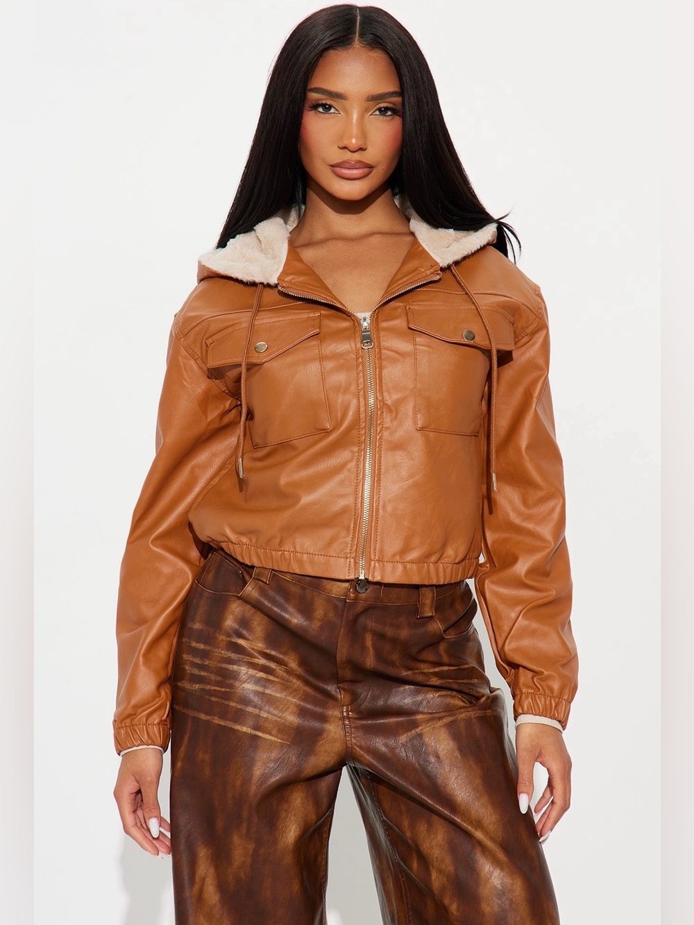 Women’s Tan Faux-Leather Sherpa Collar Jacket - Picture 3 of 6